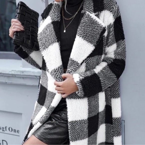 Luxe black white cozy gingham plaid teddy jacket coat - Picture 4 of 6